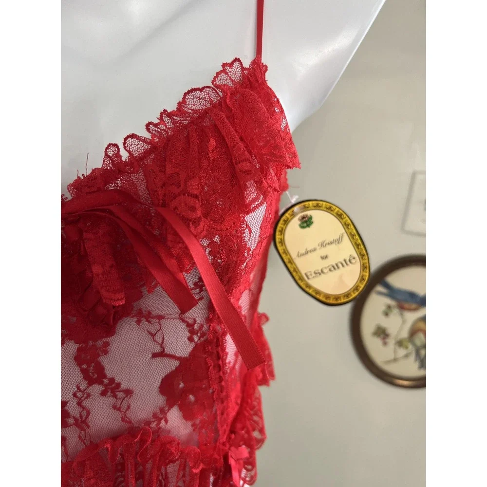 Andrea Kristoff for Escante Red Lace Corset Lingerie Set Garter Thong Small 84U